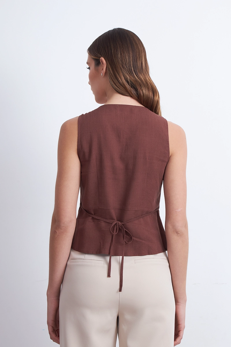 GILET CUELLO REDONDO TIPO LINO CAFE MUJER NICOPOLY - 4
