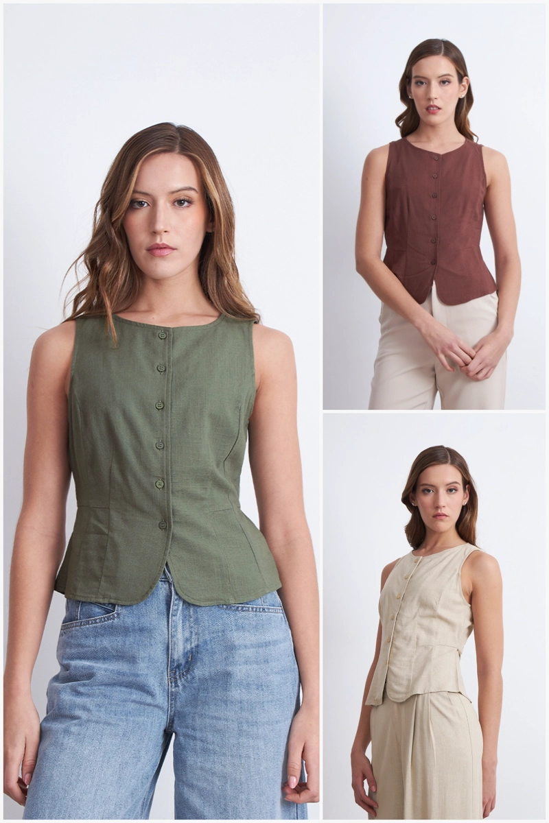 GILET CUELLO REDONDO TIPO LINO CAFE MUJER NICOPOLY - 5