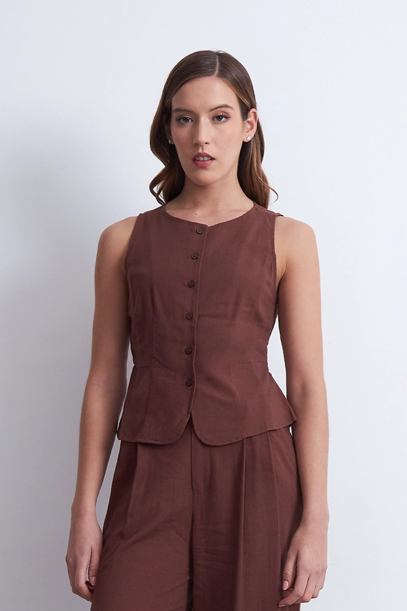 GILET CUELLO REDONDO TIPO LINO CAFE MUJER NICOPOLY - 6