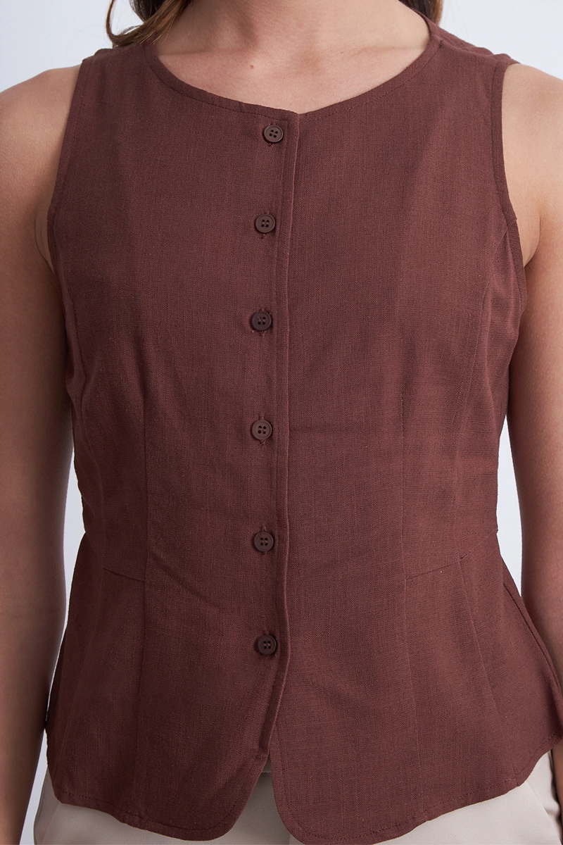 GILET CUELLO REDONDO TIPO LINO CAFE MUJER NICOPOLY - 7