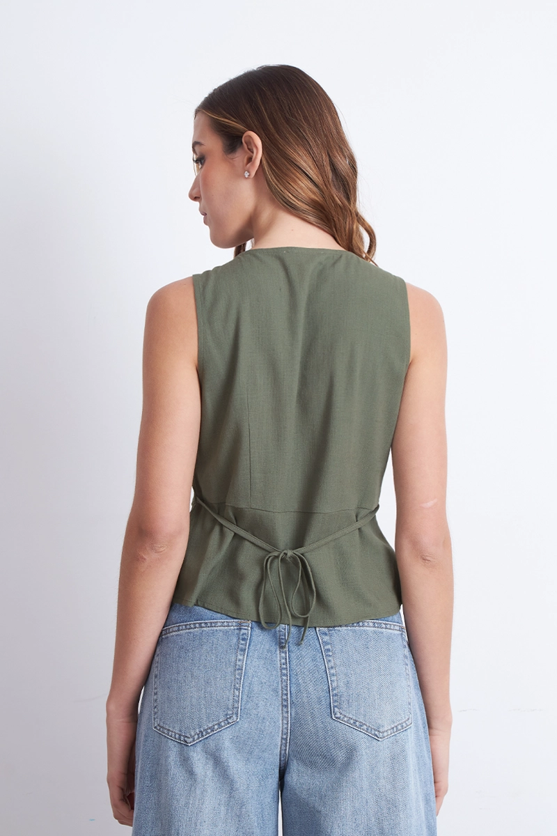 GILET CUELLO REDONDO TIPO LINO OLIVA MUJER NICOPOLY - 4