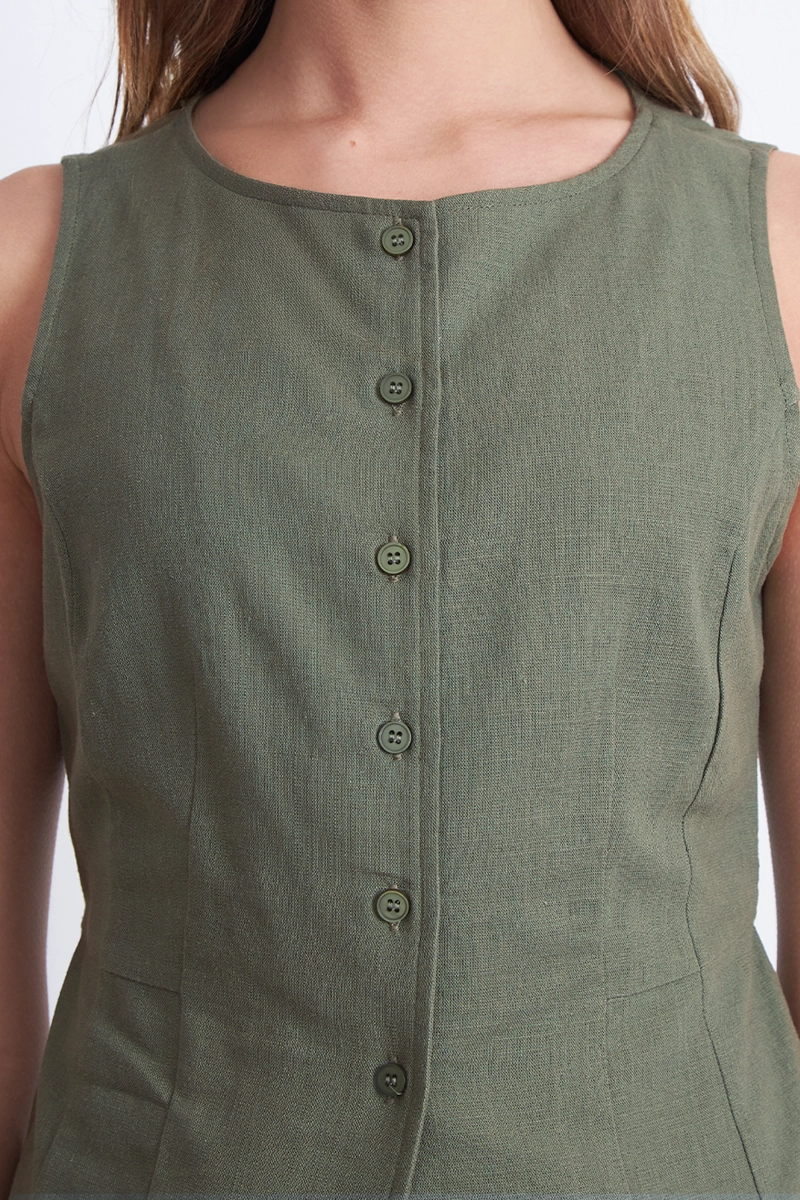 GILET CUELLO REDONDO TIPO LINO OLIVA MUJER NICOPOLY - 7