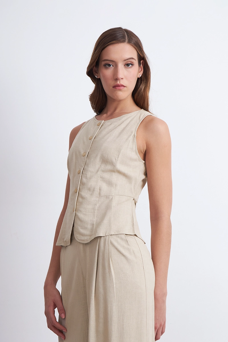 GILET CUELLO REDONDO TIPO LINO BEIGE MUJER NICOPOLY - 3