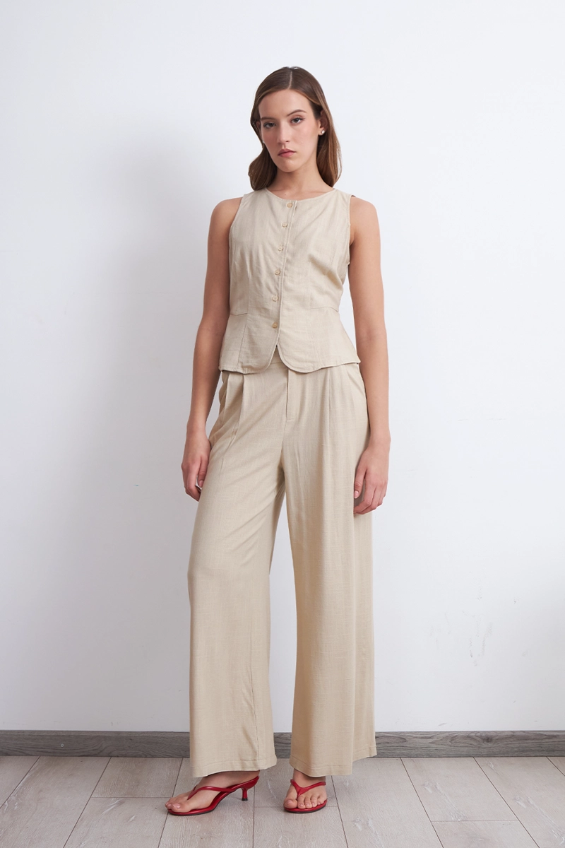 PANTALON TEXTURA LINO BEIGE MUJER NICOPOLY - 2