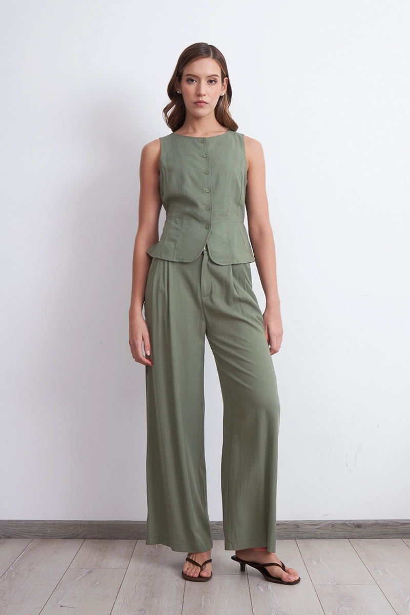 PANTALON TEXTURA LINO OLIVA MUJER NICOPOLY - 2