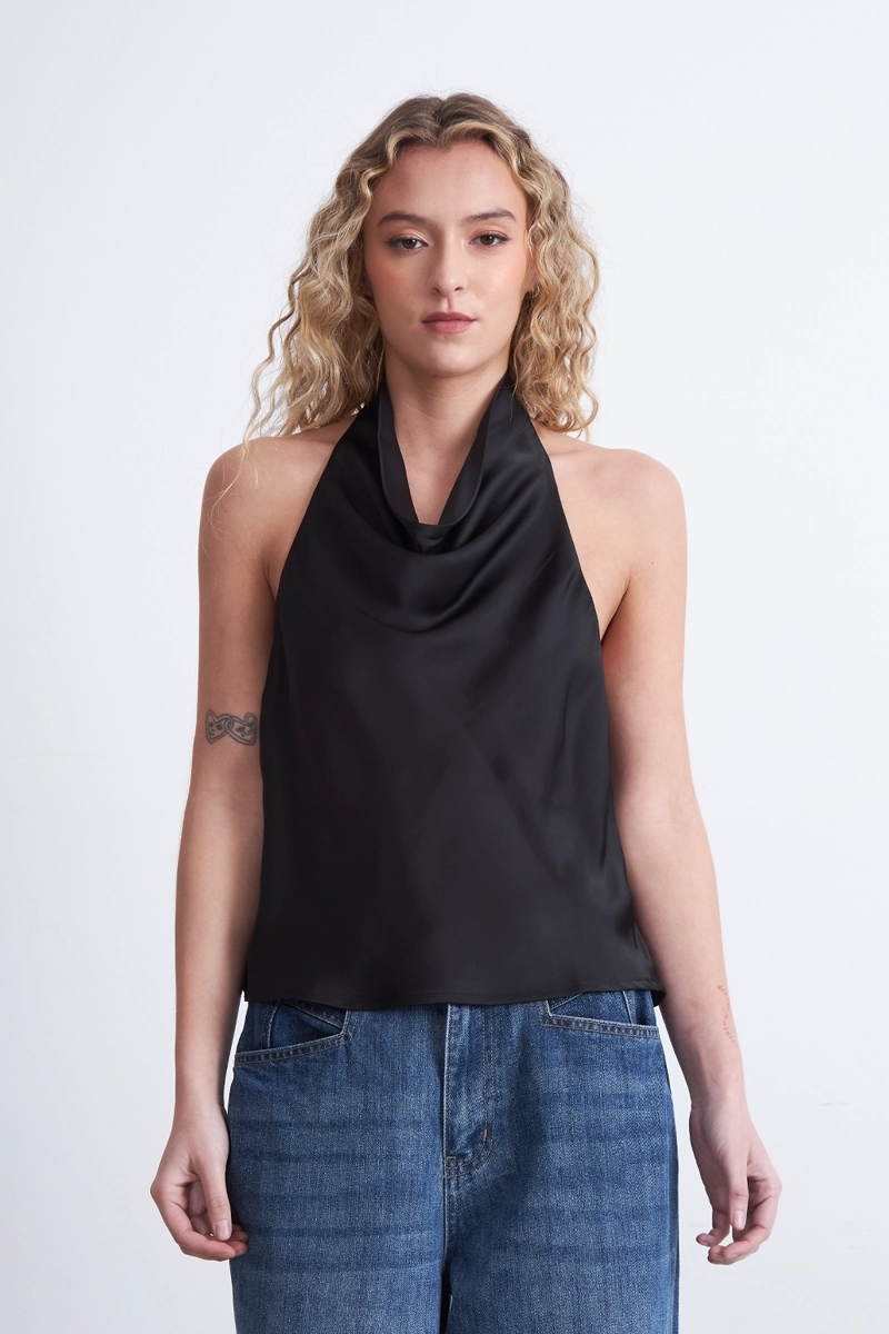 BLUSA DRAPEADA TIPO SATIN CUELLO ALTO NEGRO MUJER NICOPOLY - 3