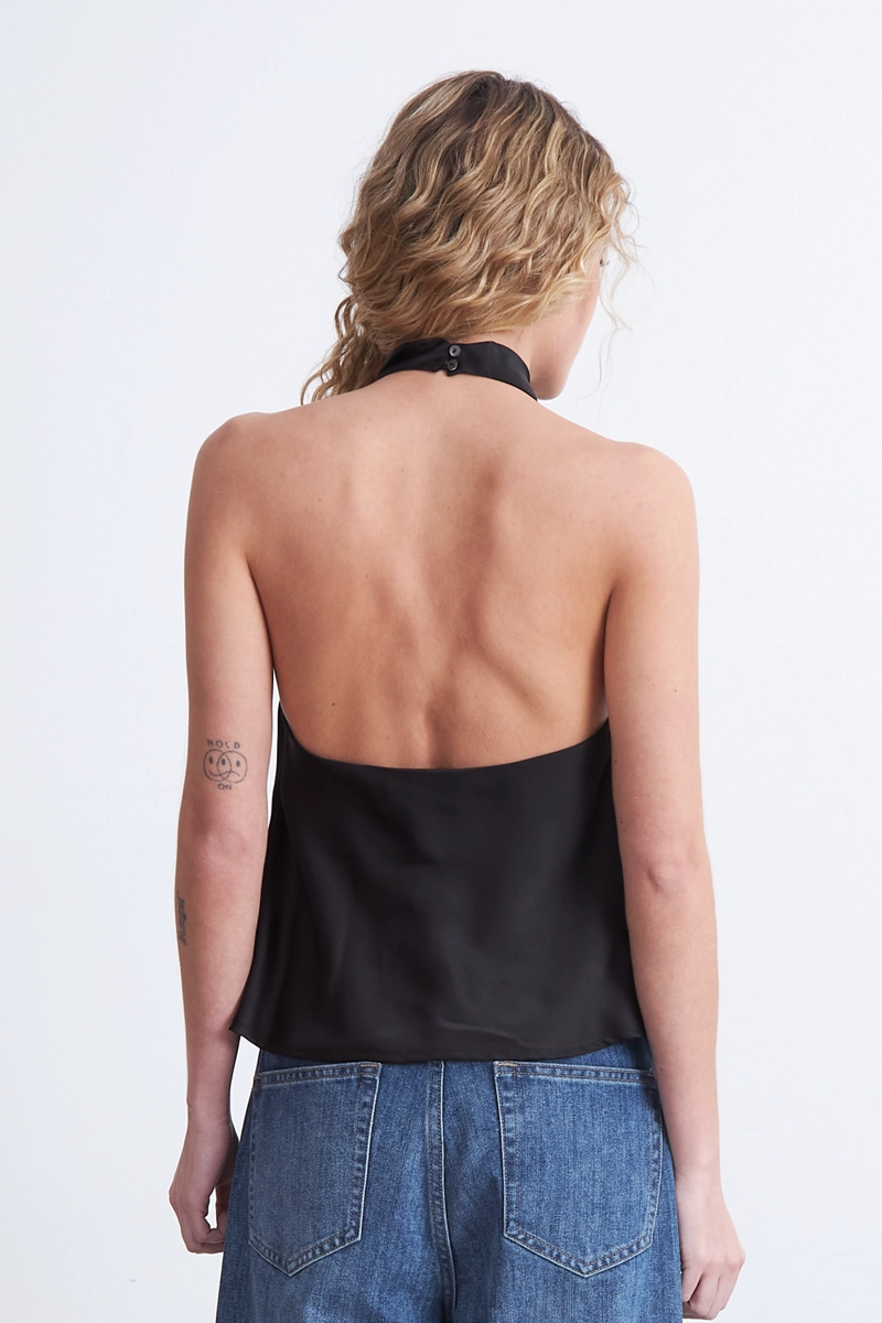 BLUSA DRAPEADA TIPO SATIN CUELLO ALTO NEGRO MUJER NICOPOLY - 4