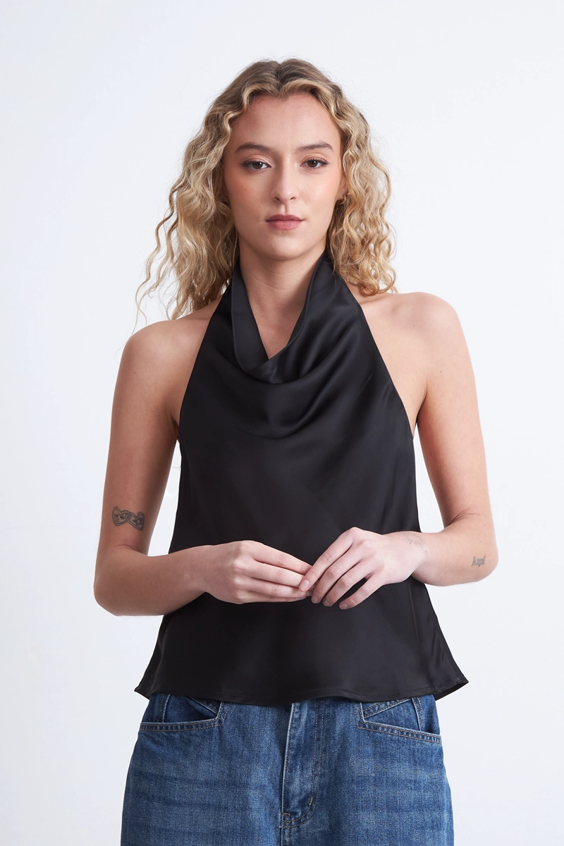 BLUSA DRAPEADA TIPO SATIN CUELLO ALTO NEGRO MUJER NICOPOLY - 6