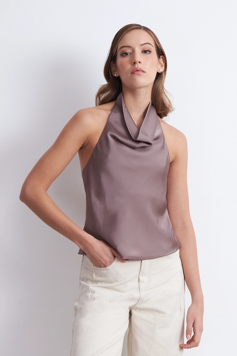 BLUSA DRAPEADA TIPO SATIN CUELLO ALTO ROSADO MUJER NICOPOLY - 6