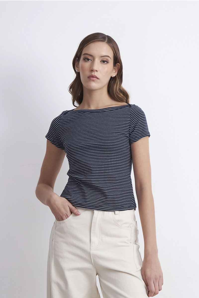 POLERA RAYAS HORIZONTALES CUELLO BOTE AZUL MARINO MUJER NICOPOLY - 1