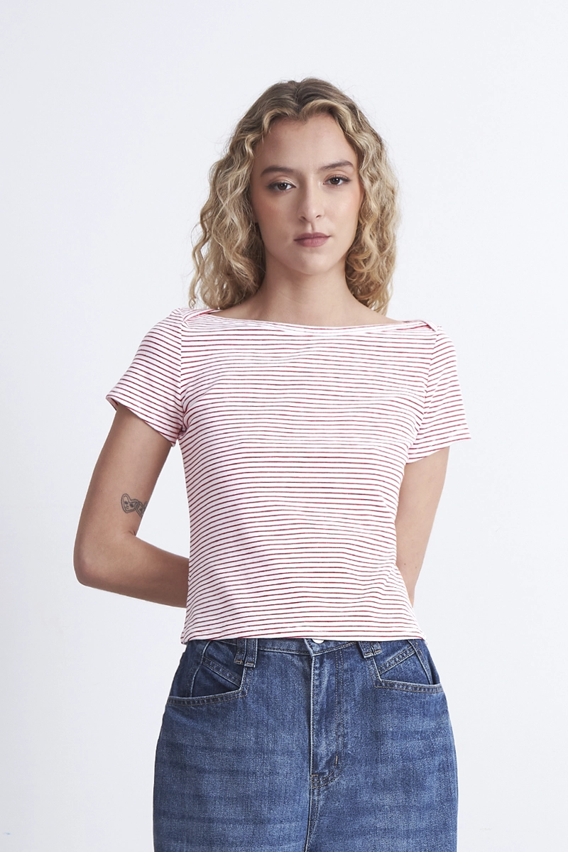 POLERA RAYAS HORIZONTALES CUELLO BOTE ROJO MUJER NICOPOLY - 6