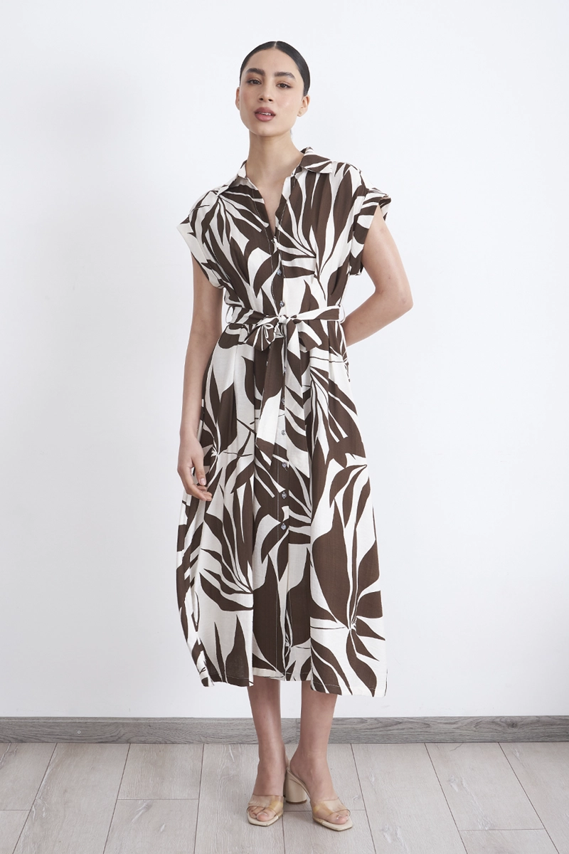 VESTIDO CUELLO CAMISERO CINTURON CAFE MUJER NICOPOLY - 1