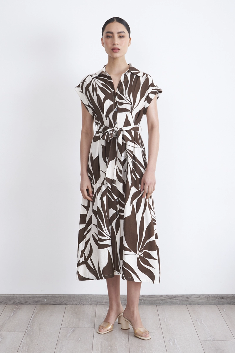 VESTIDO CUELLO CAMISERO CINTURON CAFE MUJER NICOPOLY - 2