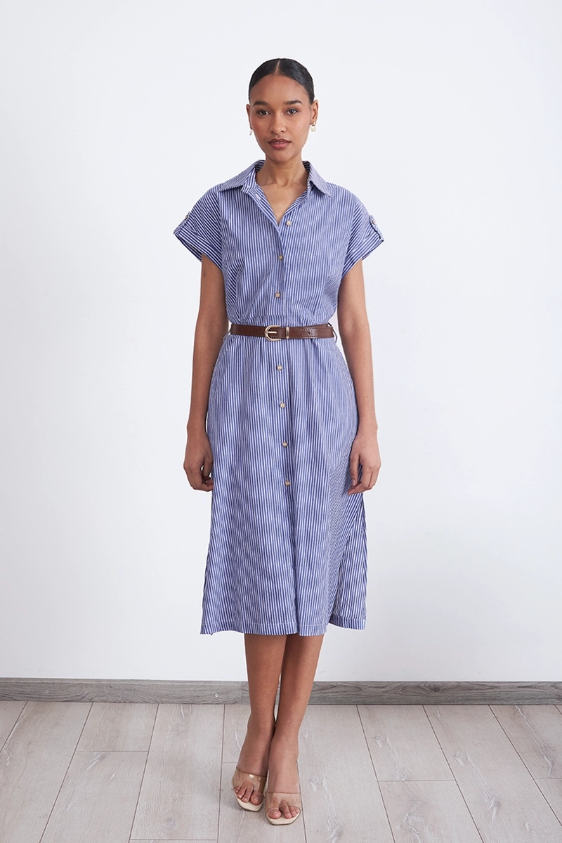 VESTIDO RAYAS CAMISERO CELESTE NICOPOLY - 1