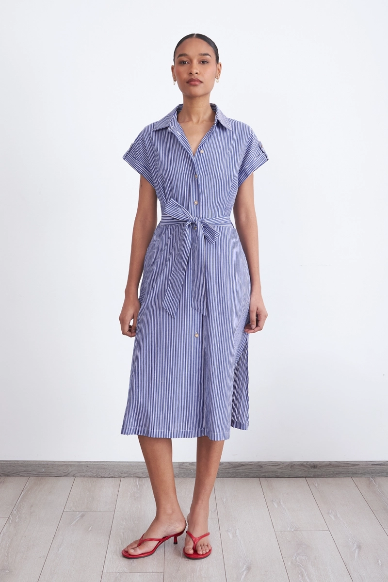 VESTIDO RAYAS CAMISERO CELESTE NICOPOLY - 5