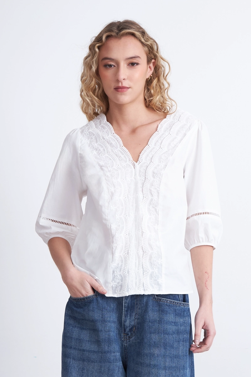 BLUSA ENCAJE MANGA GLOBO BLANCO NICOPOLY L