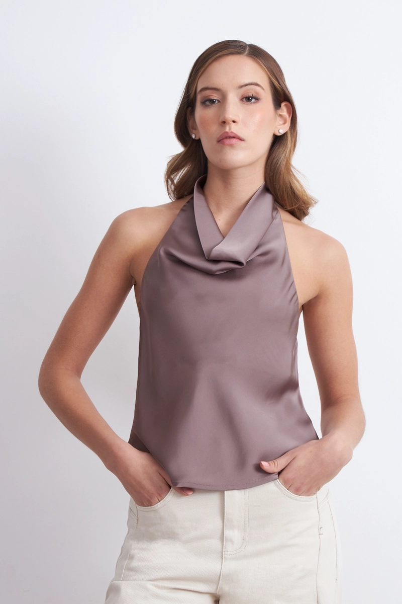 BLUSA DRAPEADA TIPO SATIN CUELLO ALTO ROSADO MUJER NICOPOLY - 1