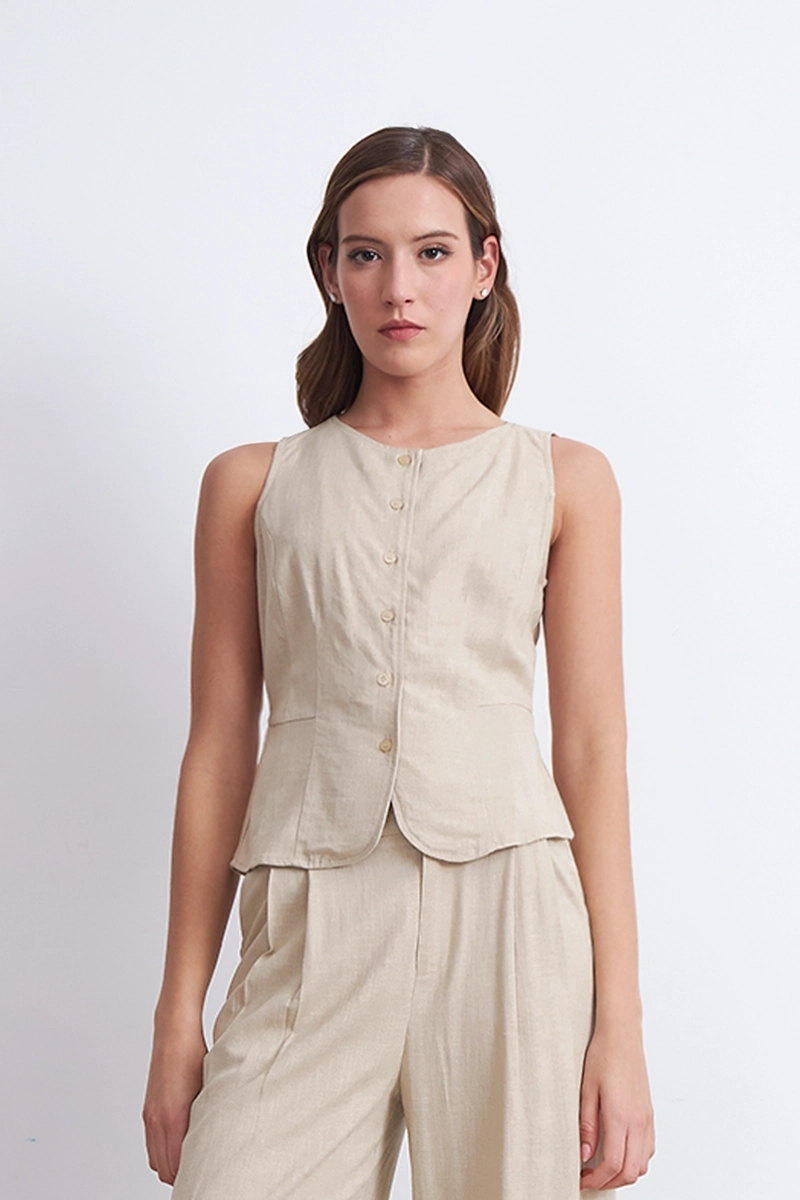 GILET CUELLO REDONDO TIPO LINO BEIGE MUJER NICOPOLY - 1