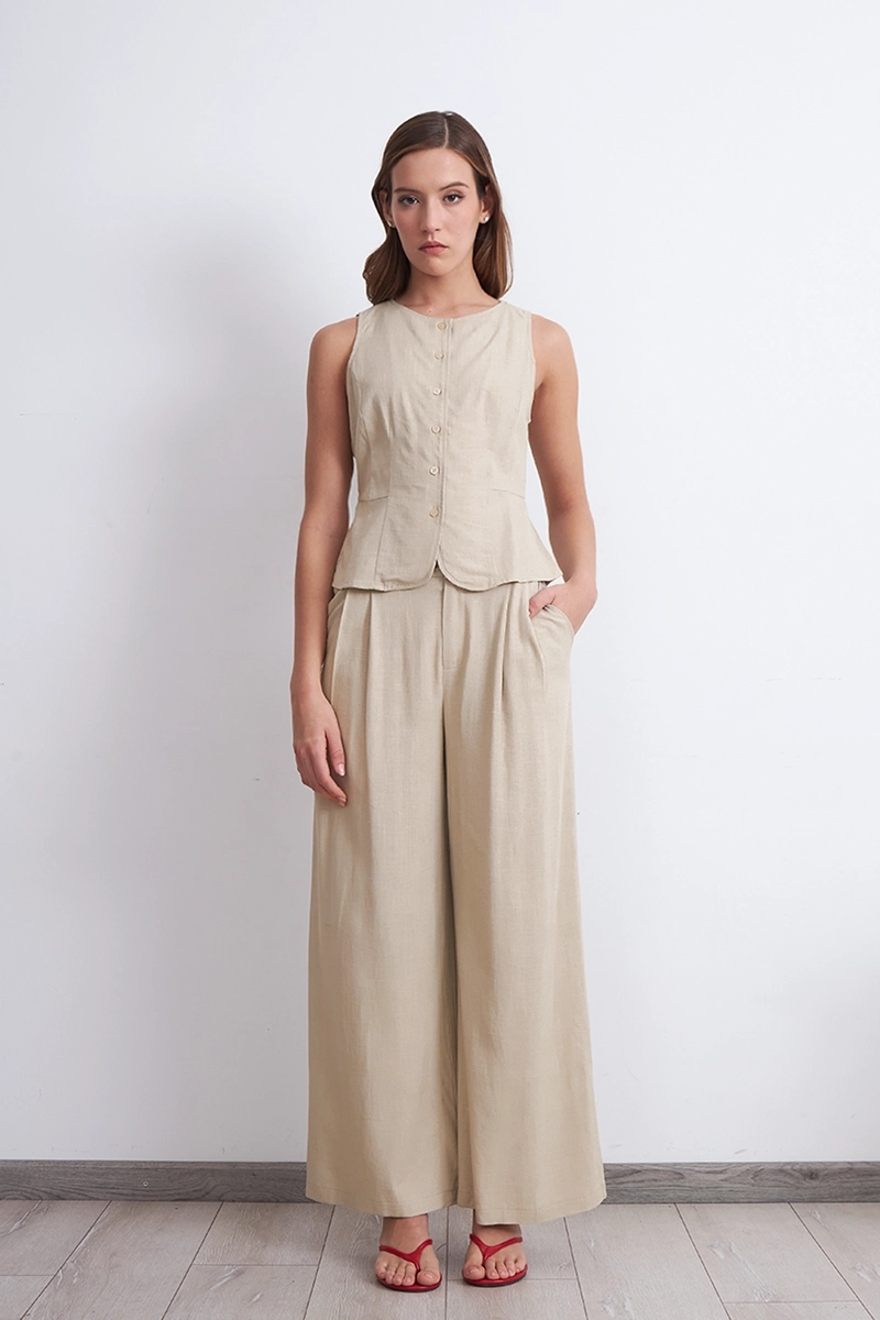 GILET CUELLO REDONDO TIPO LINO BEIGE MUJER NICOPOLY - 2
