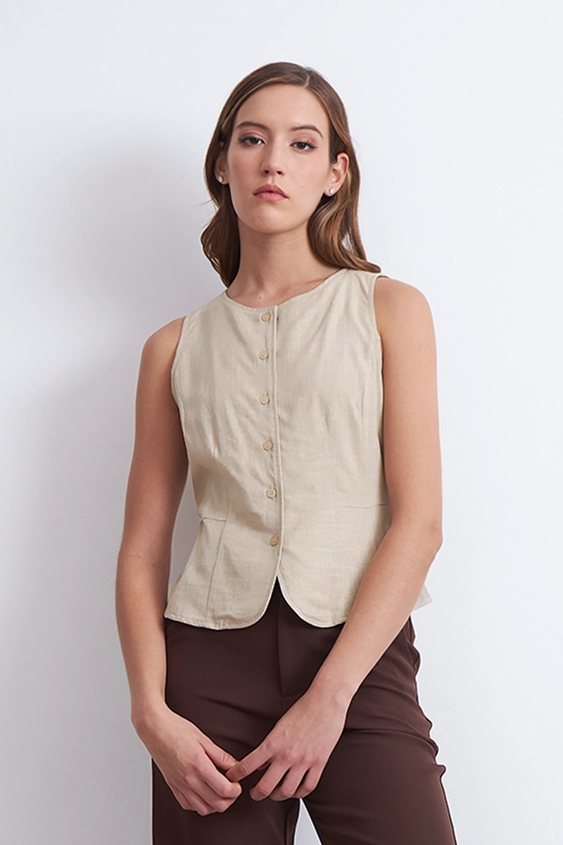 GILET CUELLO REDONDO TIPO LINO BEIGE MUJER NICOPOLY - 6