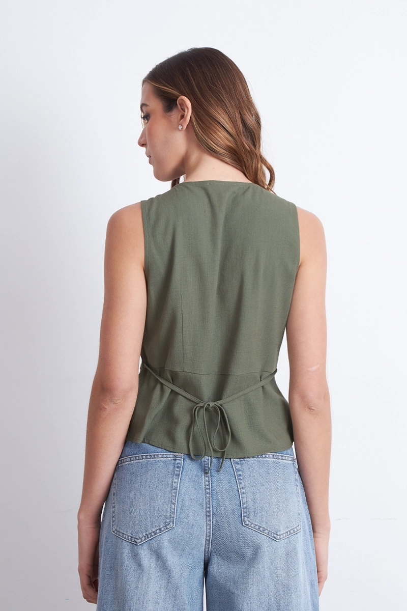 GILET CUELLO REDONDO TIPO LINO OLIVA MUJER NICOPOLY - 4