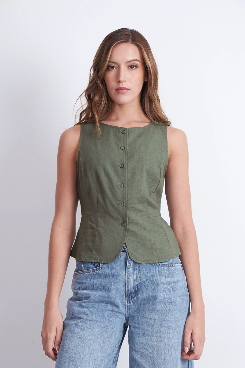 GILET CUELLO REDONDO TIPO LINO OLIVA MUJER NICOPOLY - 6
