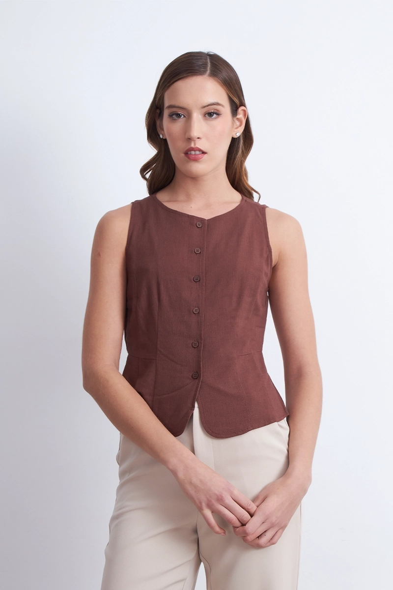 GILET CUELLO REDONDO TIPO LINO CAFE MUJER NICOPOLY - 1