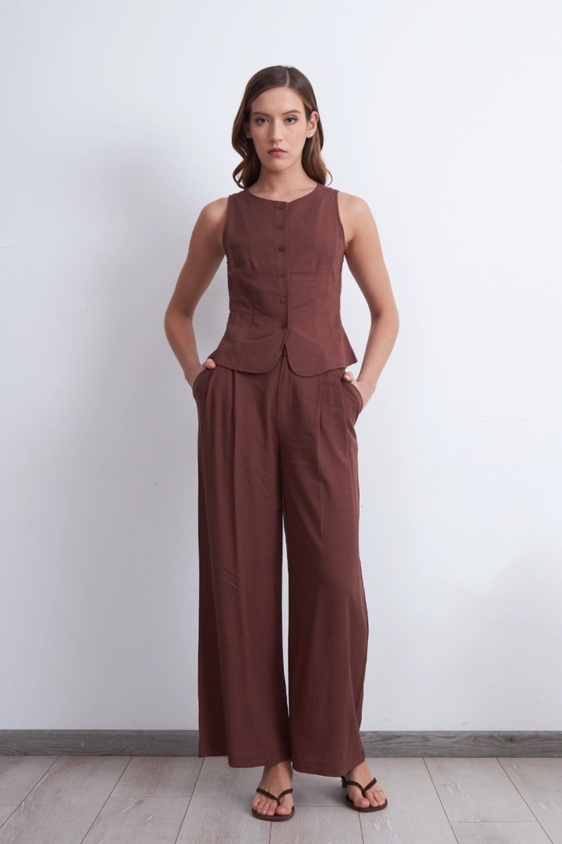 GILET CUELLO REDONDO TIPO LINO CAFE MUJER NICOPOLY - 2