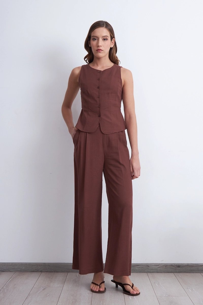 PANTALON TEXTURA LINO CAFE MUJER NICOPOLY - 2
