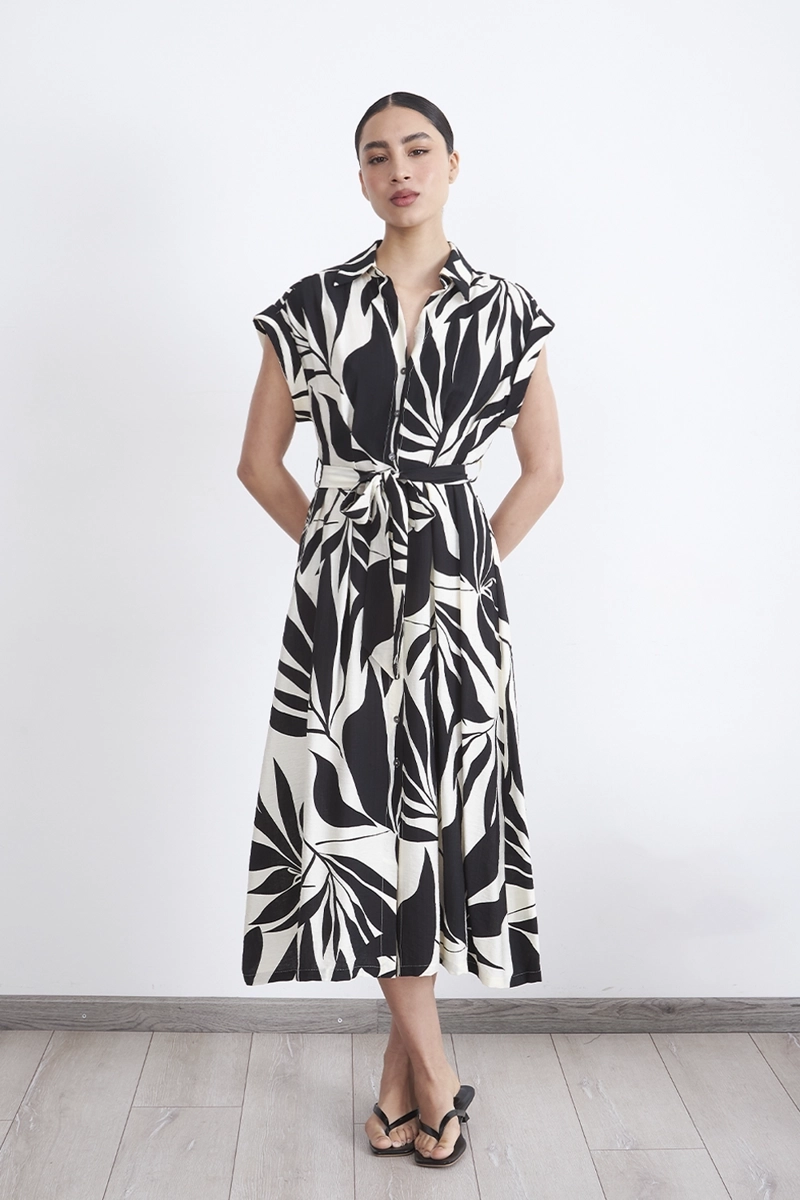 VESTIDO CUELLO CAMISERO CINTURON NEGRO MUJER NICOPOLY - 1