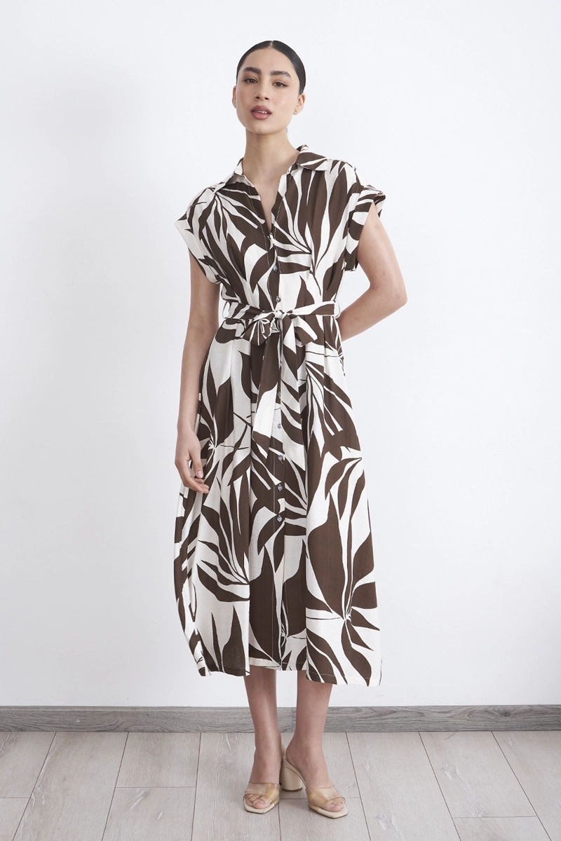 VESTIDO CUELLO CAMISERO CINTURON CAFE MUJER NICOPOLY - 1
