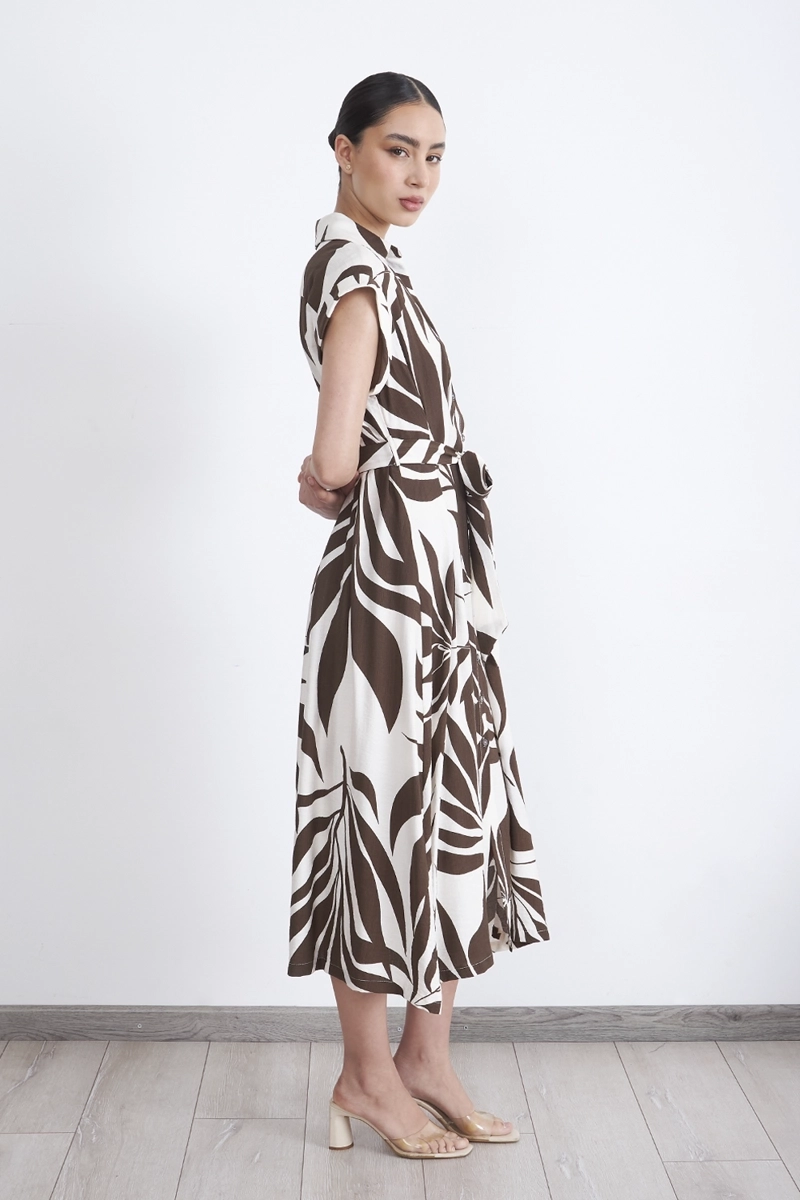 VESTIDO CUELLO CAMISERO CINTURON CAFE MUJER NICOPOLY - 3