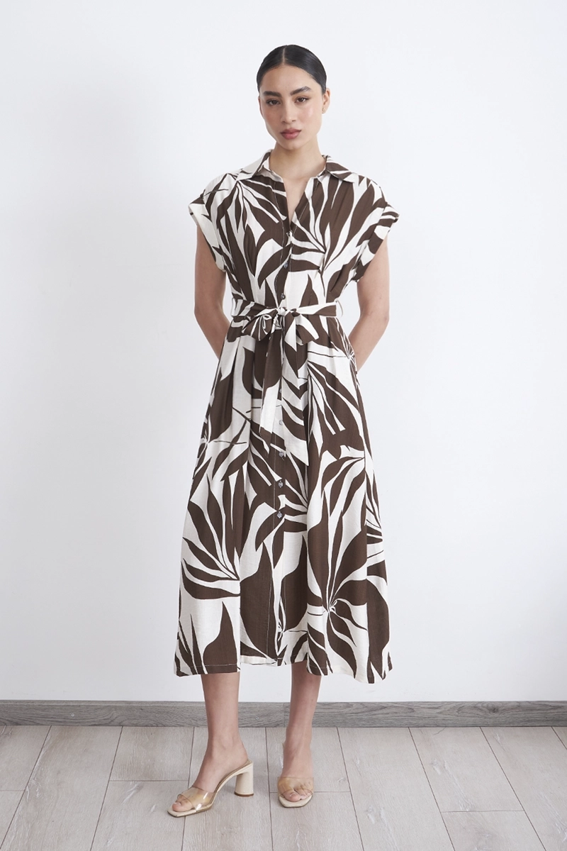 VESTIDO CUELLO CAMISERO CINTURON CAFE MUJER NICOPOLY - 6