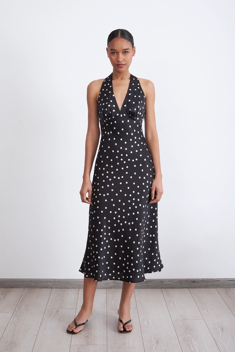 VESTIDO TIPO SATIN PUNTOS NEGRO MUJER NICOPOLY - 1
