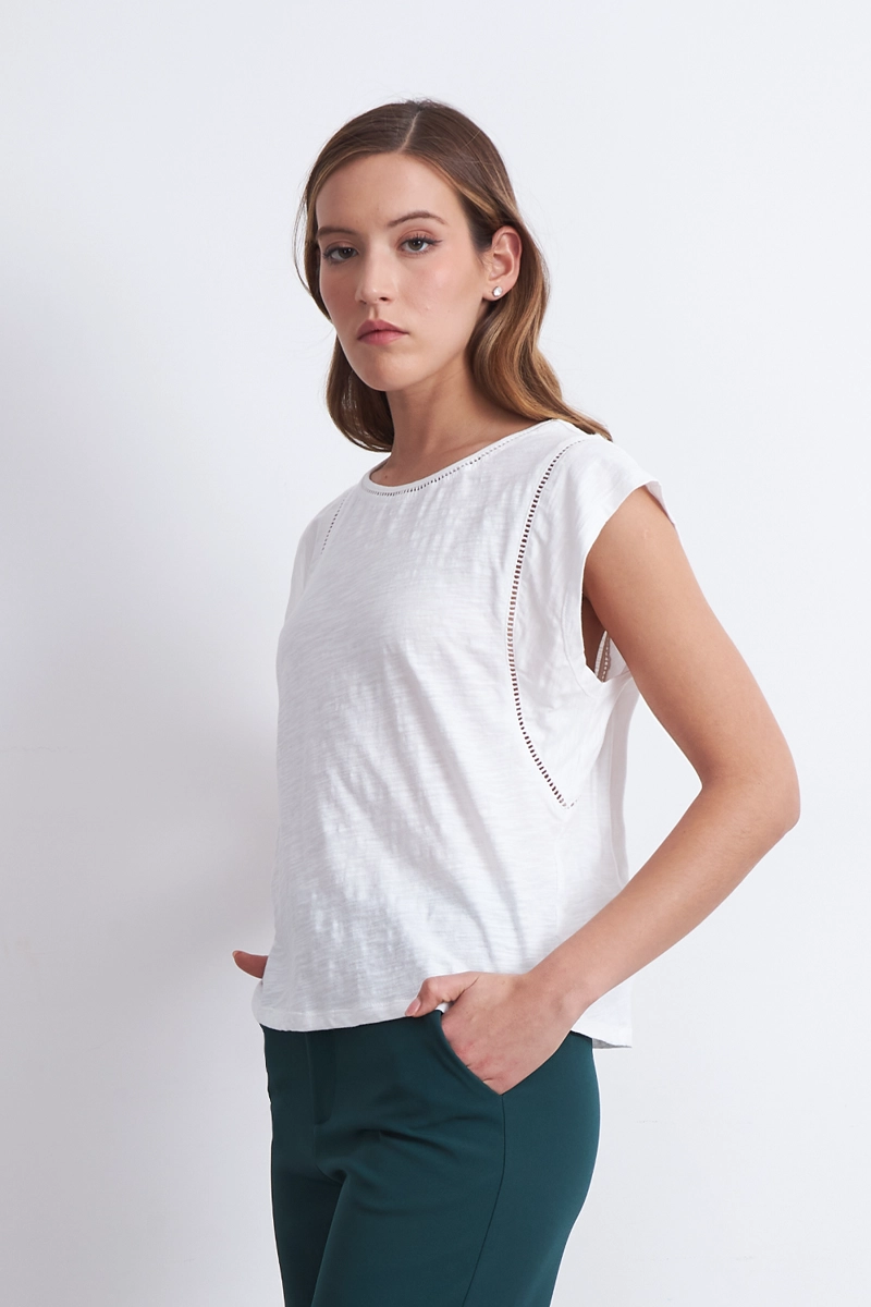 POLERA MANGA CAIDA DETALLE CALADO BLANCO MUJER NICOPOLY - 1