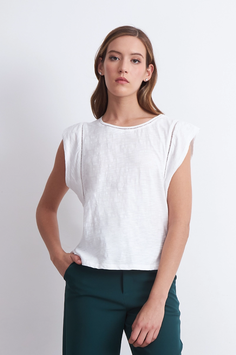 POLERA MANGA CAIDA DETALLE CALADO BLANCO MUJER NICOPOLY - 3