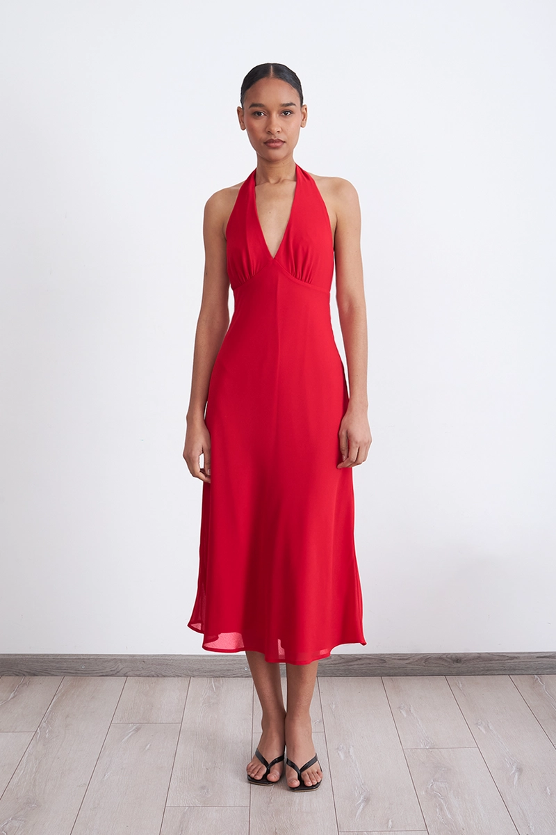 VESTIDO CUELLO HALTER CON AMARRA ROJO MUJER NICOPOLY - 1