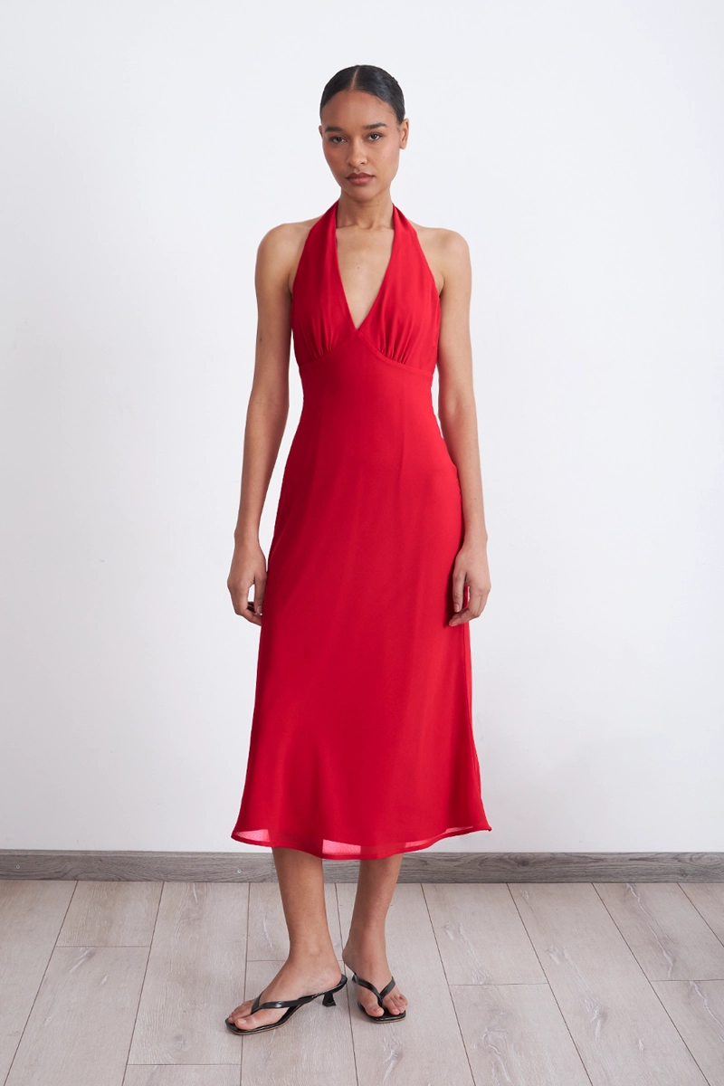 VESTIDO CUELLO HALTER CON AMARRA ROJO MUJER NICOPOLY - 2
