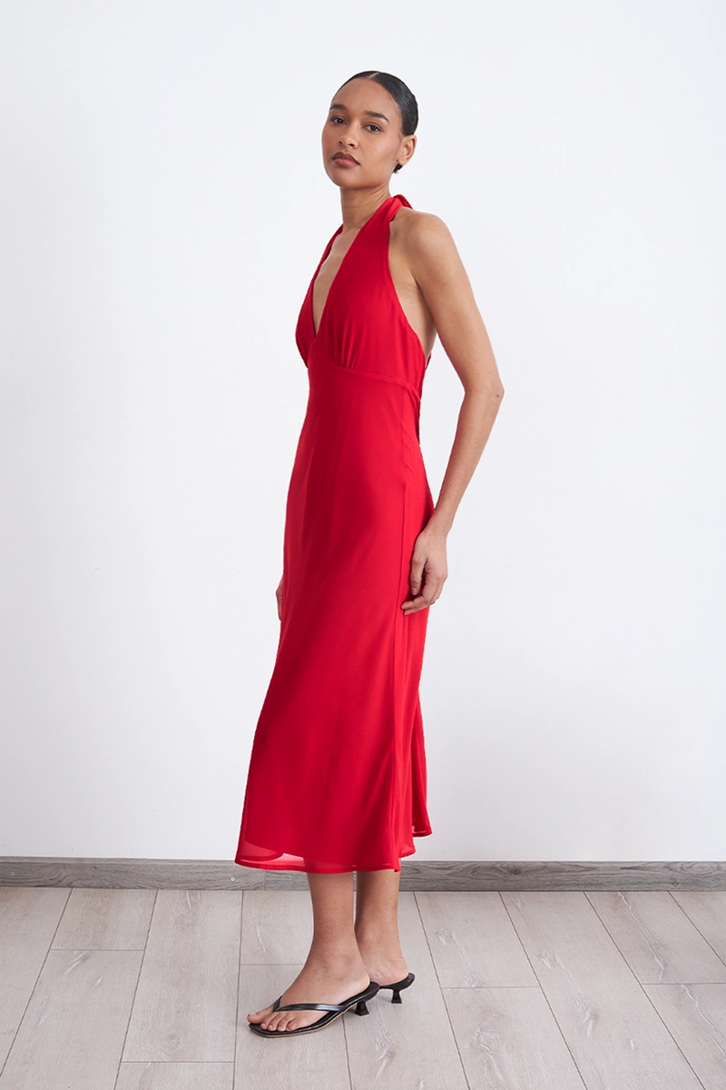 VESTIDO CUELLO HALTER CON AMARRA ROJO MUJER NICOPOLY - 3