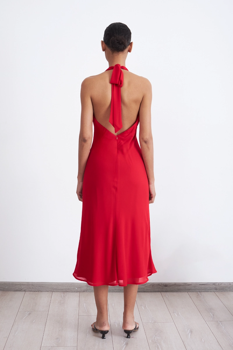 VESTIDO CUELLO HALTER CON AMARRA ROJO MUJER NICOPOLY - 4
