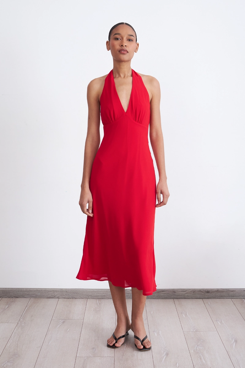 VESTIDO CUELLO HALTER CON AMARRA ROJO MUJER NICOPOLY - 6