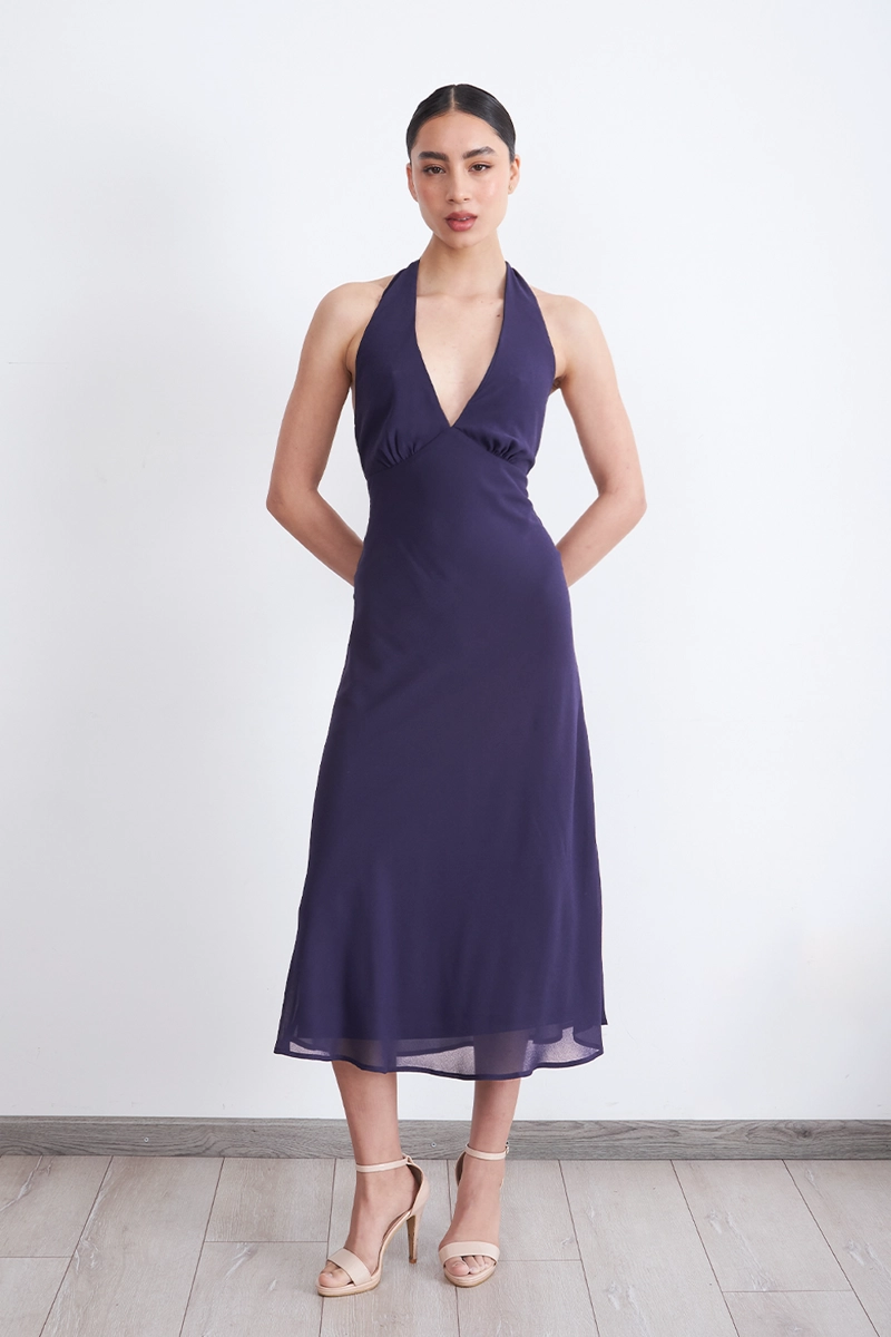 VESTIDO CUELLO HALTER CON AMARRA AZUL MARINO MUJER NICOPOLY - 1