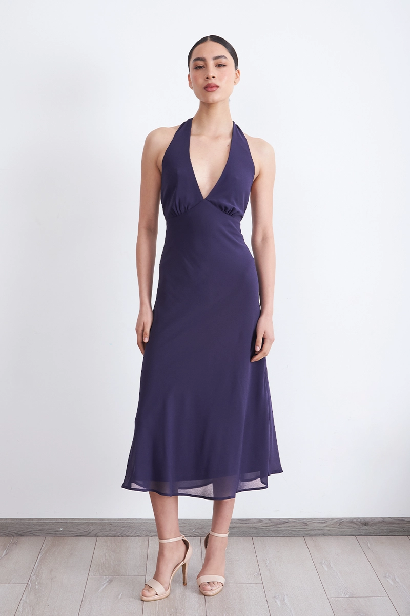 VESTIDO CUELLO HALTER CON AMARRA AZUL MARINO MUJER NICOPOLY - 2