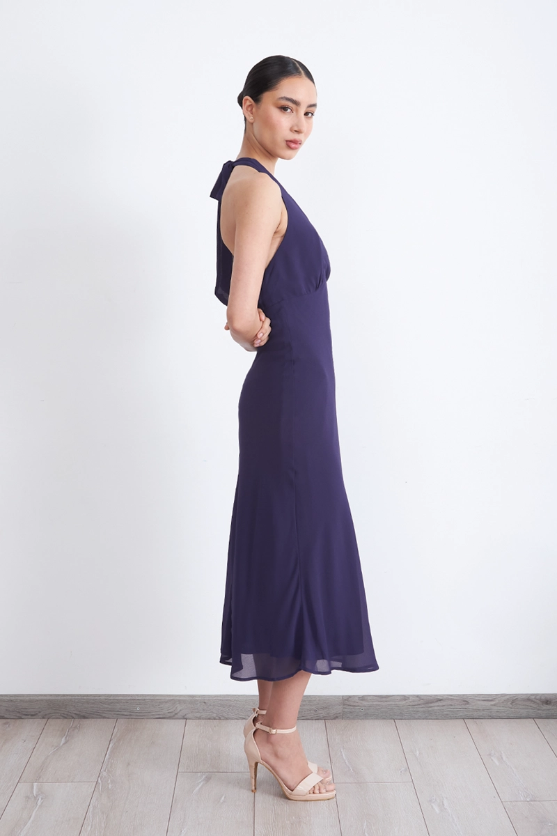 VESTIDO CUELLO HALTER CON AMARRA AZUL MARINO MUJER NICOPOLY - 3