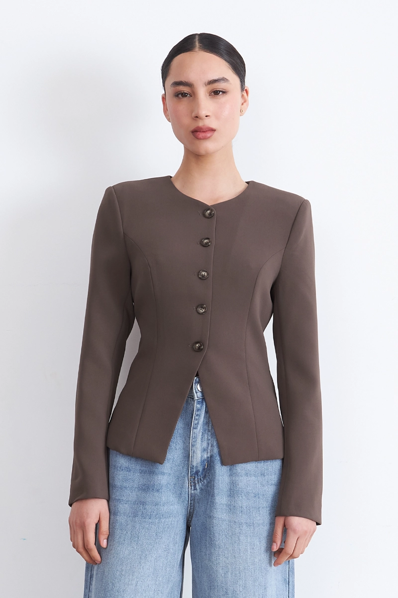 BLAZER PEPLUM BOTONES CAFE MUJER NICOPOLY XL