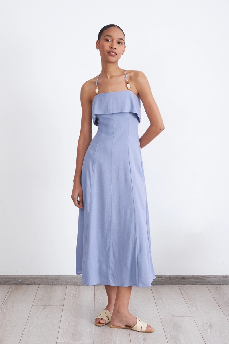 VESTIDO MIDI CON VOLANTE CELESTE MUJER NICOPOLY - 1