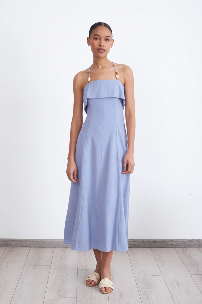VESTIDO MIDI CON VOLANTE CELESTE MUJER NICOPOLY - 2