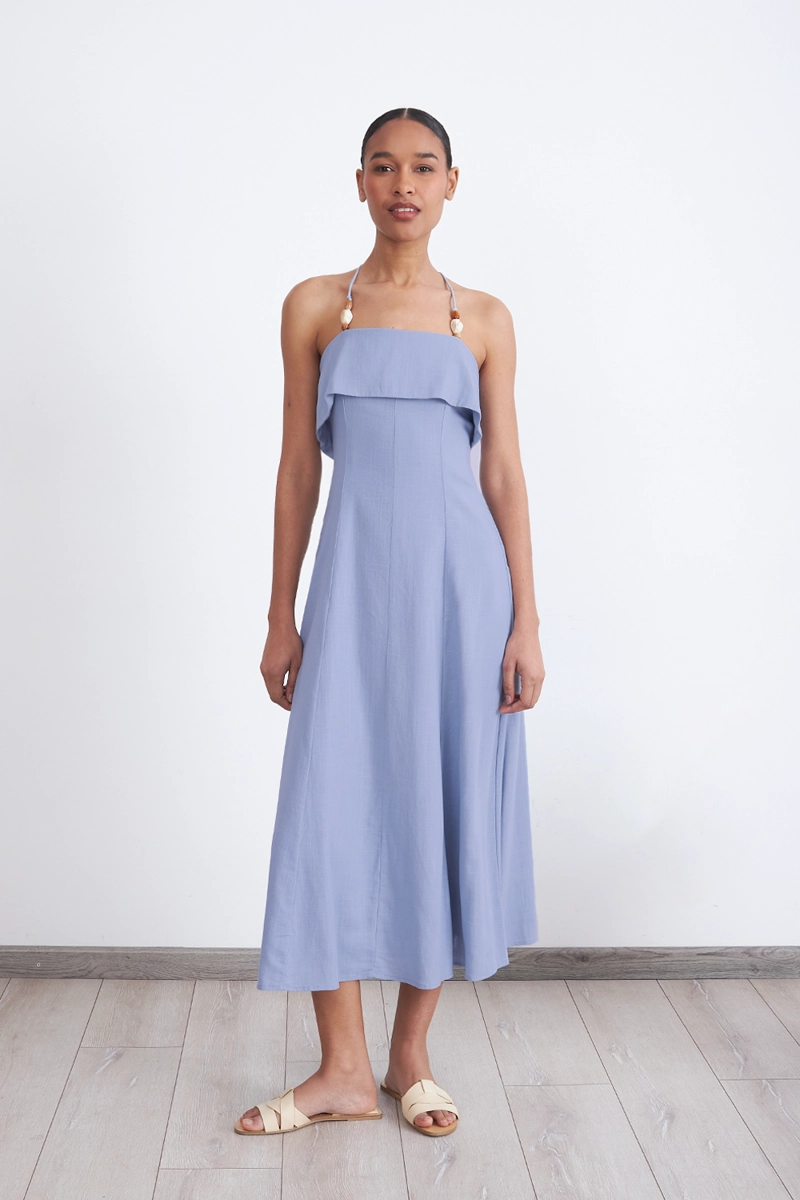 VESTIDO MIDI CON VOLANTE CELESTE MUJER NICOPOLY - 6