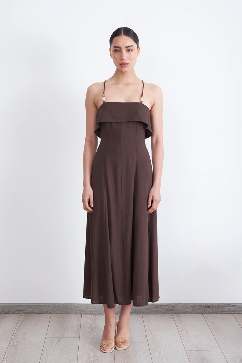 VESTIDO MIDI CON VOLANTE CAFE MUJER NICOPOLY - 2