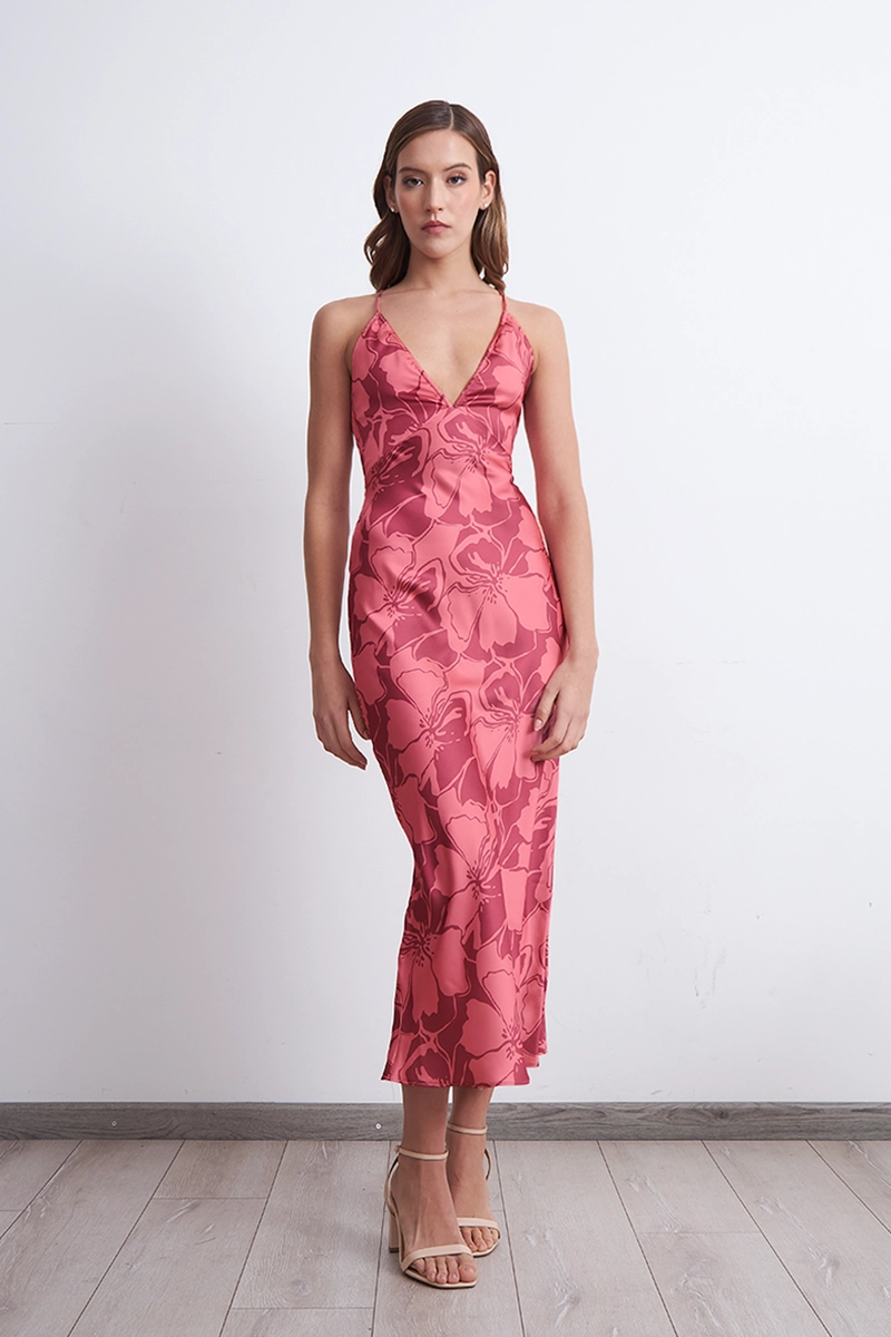VESTIDO TIPO SATIN FLORES ROSADO MUJER NICOPOLY S